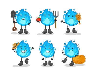 Mavi ateş çiftçi grubu karakteri. çizgi film maskotu vektörü