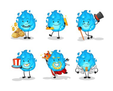 Mavi ateş zengini karakter. çizgi film maskotu vektörü