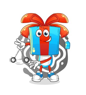 Hediye kafası çizgi filmi hipnotize ediyor. çizgi film maskotu vektörü