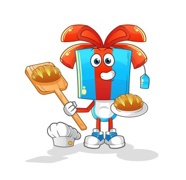 Hediye kafası çizgi film fırıncısı ve ekmek. çizgi film maskotu vektörü