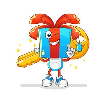 Hediye kafası çizgi filmi anahtar maskotu taşır. çizgi film vektörü