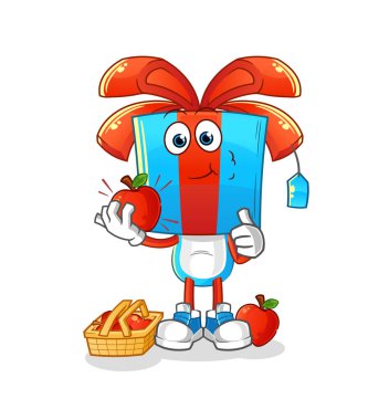 Hediye kafası çizgi filmi elma çizimi yiyor. karakter vektörü