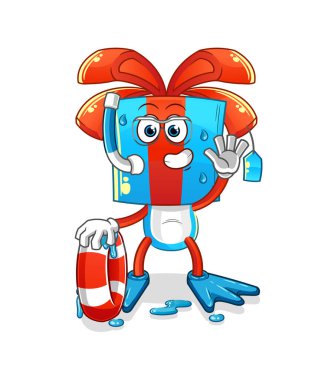 Şamandıra maskotlu hediye kafalı çizgi film yüzücüsü. çizgi film vektörü