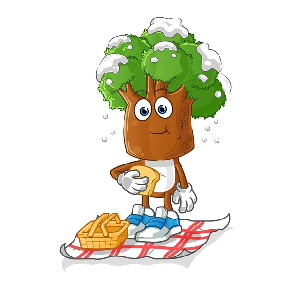 Ağaç kafalı karikatür piknikte. çizgi film maskotu vektörü