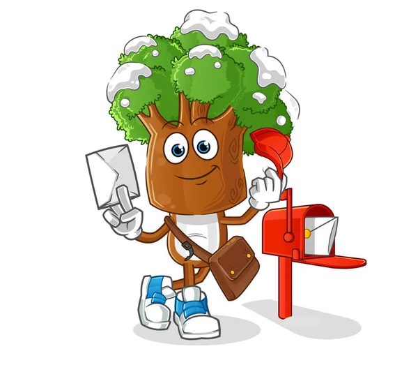 Ağaç başlı karikatür postacı vektörü. çizgi film karakteri