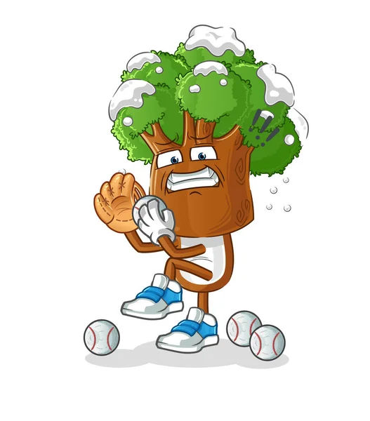 Ağaç kafalı çizgi film beyzbol atıcısı. çizgi film maskotu vektörü