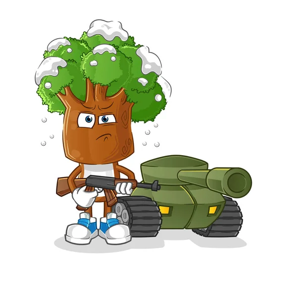 Strom Hlava Karikatura Voják Tank Charakter Kreslený Vektor — Stockový vektor