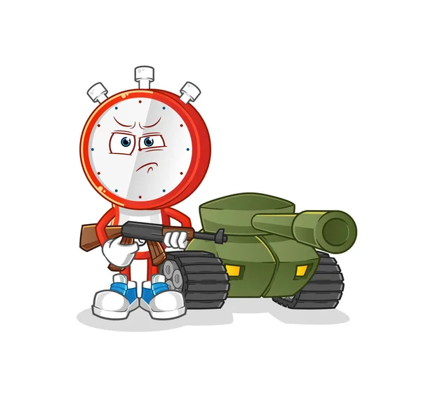 Alarm Klok Hoofd Cartoon Soldaat Met Tank Karakter Cartoon Vector — Stockvector