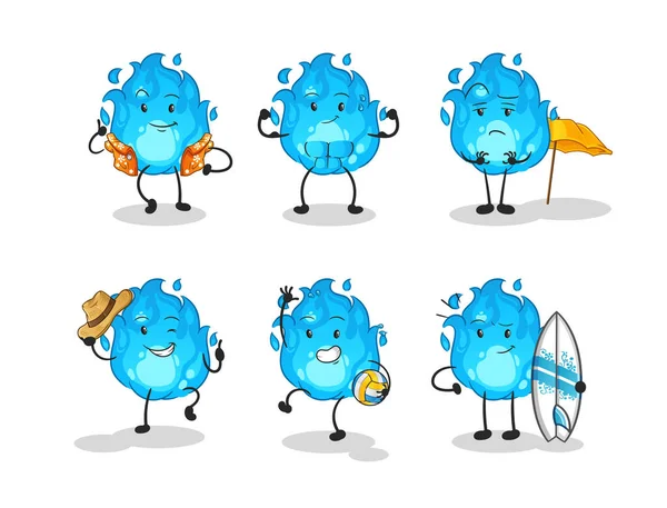 Blue Fire plaj tatili set karakteri. çizgi film maskotu vektörü