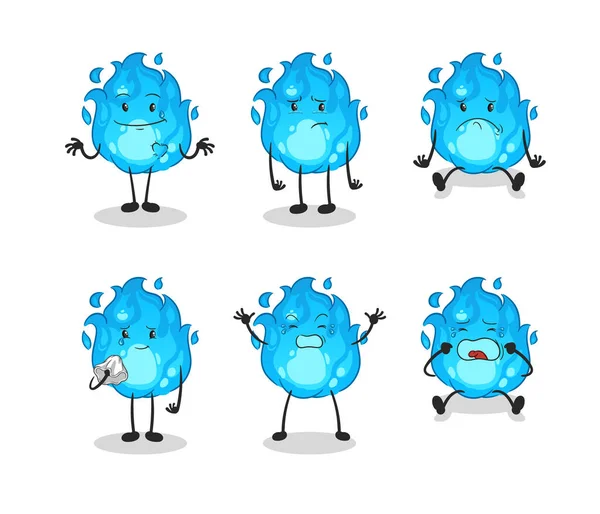 Mavi ateş üzgün grup karakteri. çizgi film maskotu vektörü