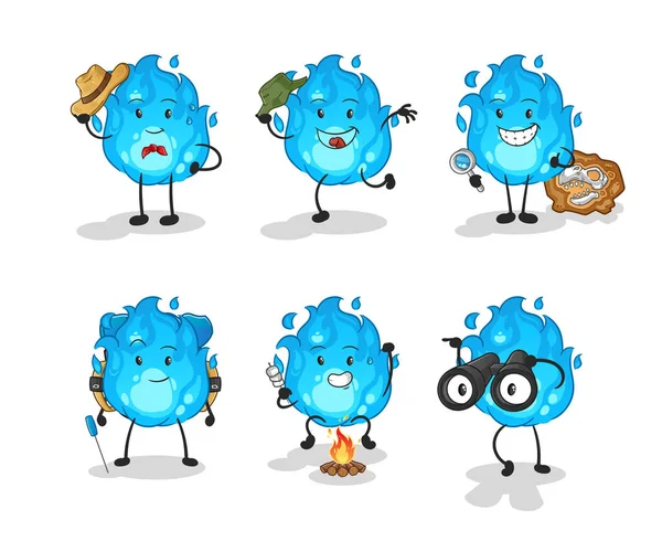 Mavi ateş macera grubu karakteri. çizgi film maskotu vektörü