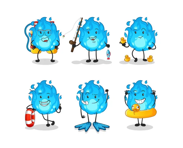 Mavi ateş suyu aktivite grubu. çizgi film maskotu vektörü