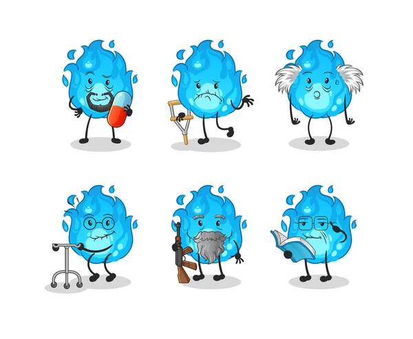 Mavi yangın yaşlı karakter. çizgi film maskotu vektörü