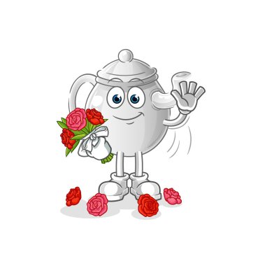 teapot with bouquet mascot. cartoon vecto