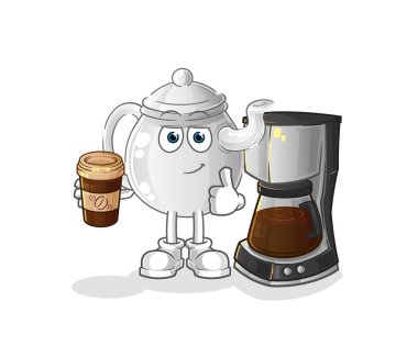teapot drinking coffee illustration. character vecto