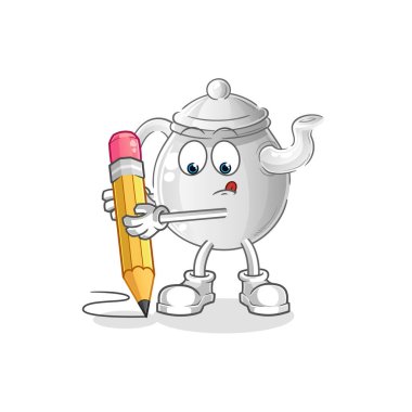 teapot write with pencil. cartoon mascot vecto