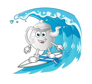 teapot surfing character. cartoon mascot vecto