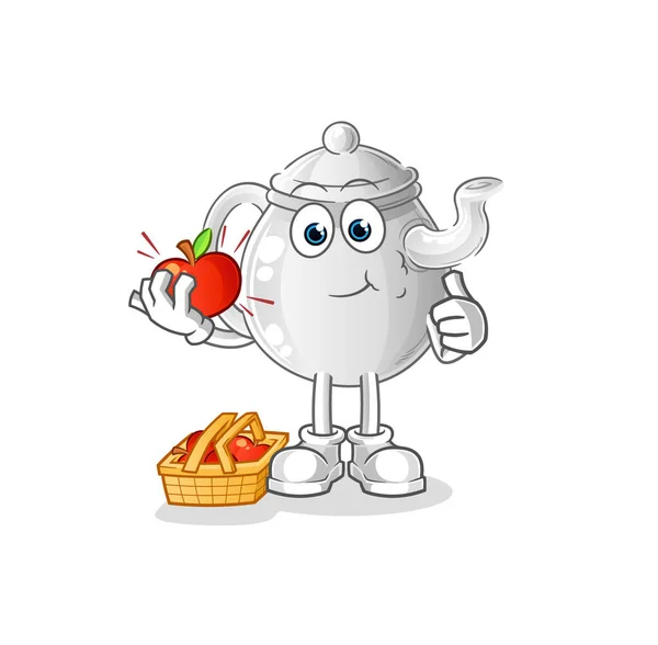 Teapot Eating Apple Illustration Character Vecto — Stock Vector