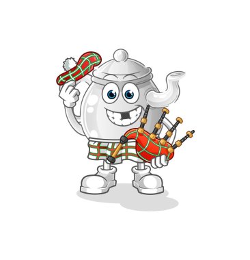 teapot scottish with bagpipes vector. cartoon characte