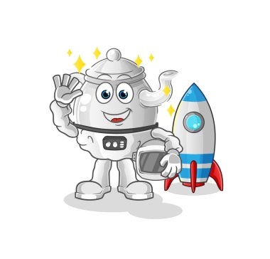 teapot astronaut waving character. cartoon mascot vecto