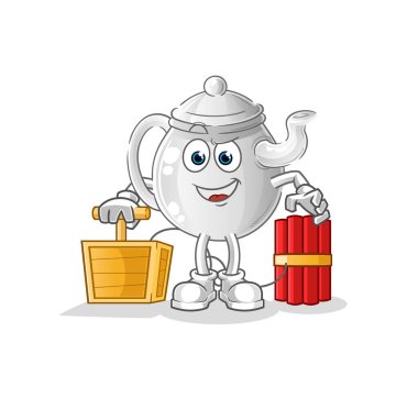 teapot holding dynamite detonator. cartoon mascot vecto