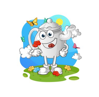 teapot pick flowers in spring. character vecto