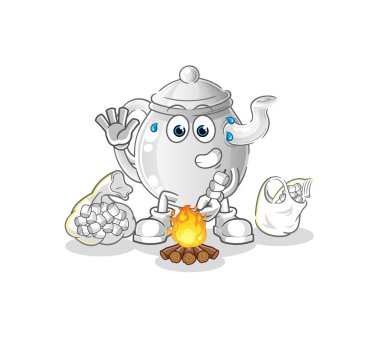 teapot roasting marshmallows. cartoon mascot vecto