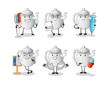 teapot doctor group character. cartoon mascot vecto