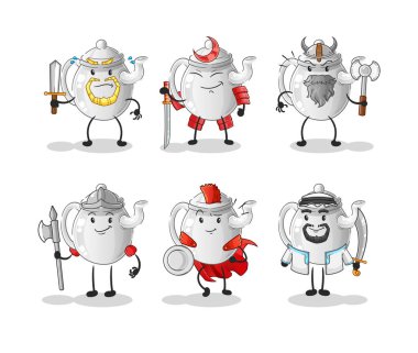 teapot warrior group character. cartoon mascot vecto