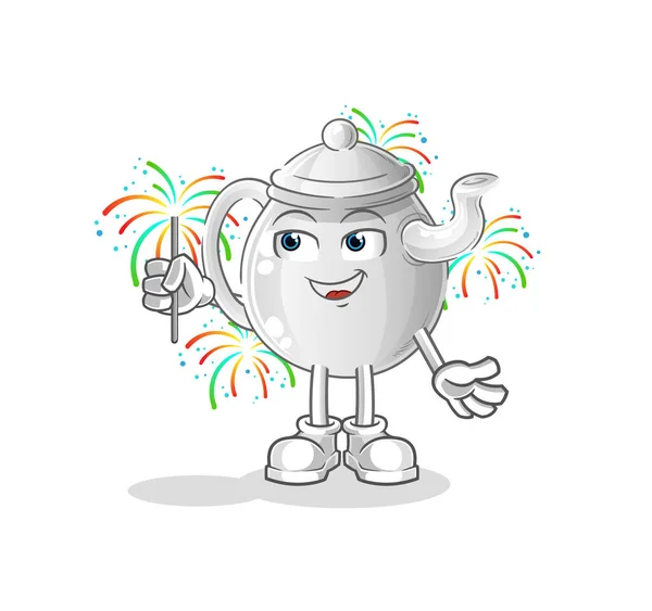 Teapot Fireworks Mascot Cartoon Vecto — Stock Vector