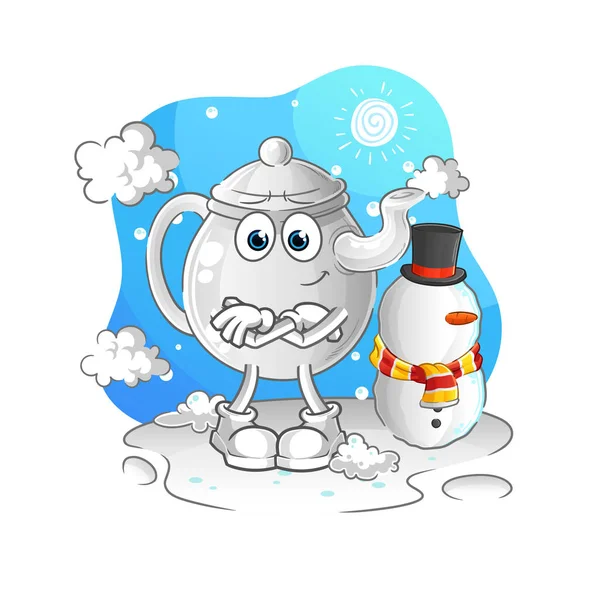 Teapot Cold Winter Character Cartoon Mascot Vecto — Stock Vector