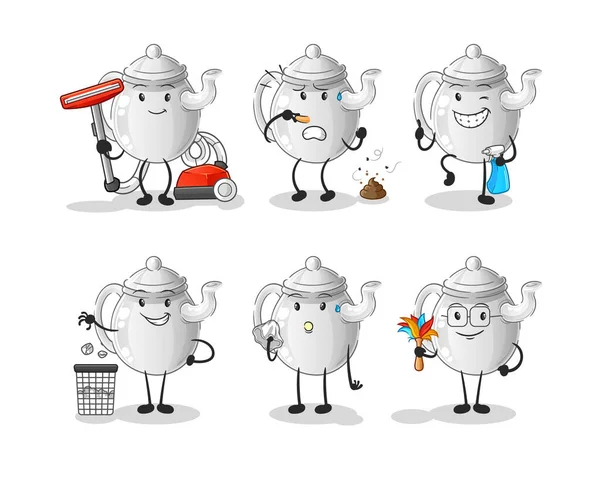 Teapot Cleaning Group Character Cartoon Mascot Vecto — Stok Vektör