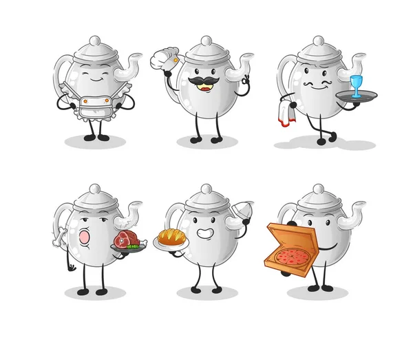 Teapot Restaurant Group Character Cartoon Mascot Vecto — Stok Vektör