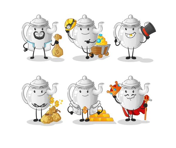 Teapot Rich Group Character Cartoon Mascot Vecto — Stok Vektör