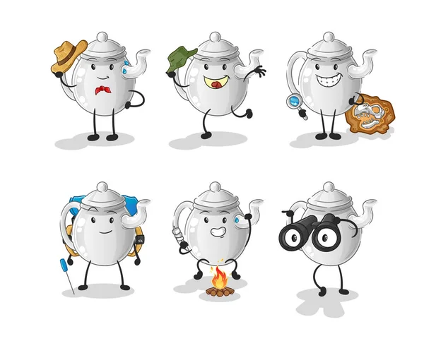 Teapot Adventure Group Character Cartoon Mascot Vecto — Stok Vektör