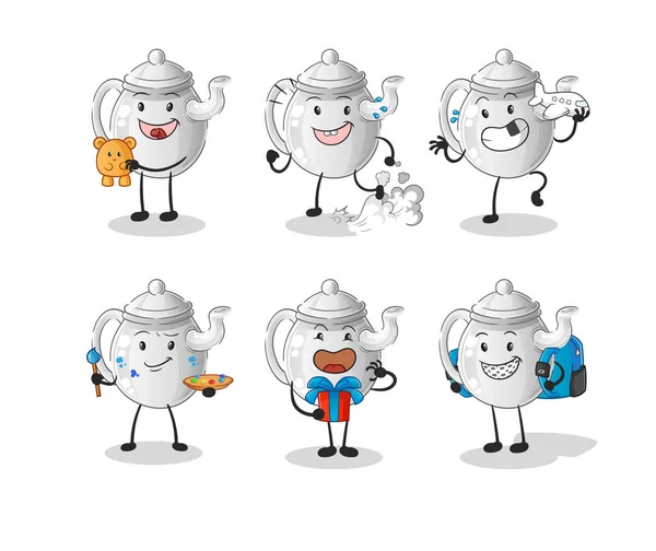 Teapot Children Group Character Cartoon Mascot Vecto — Stok Vektör