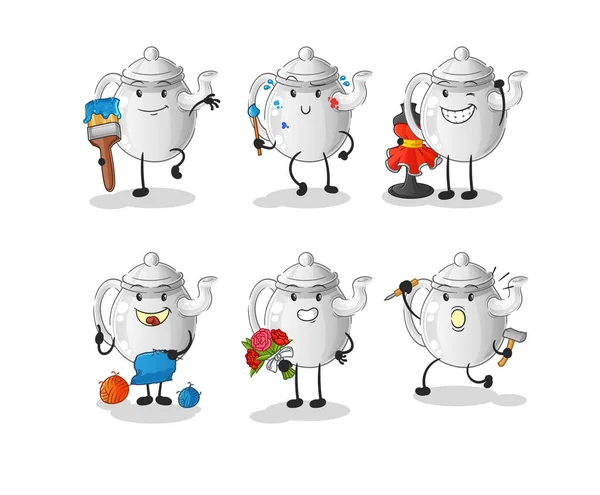 Teapot Artist Group Character Cartoon Mascot Vecto — Stok Vektör