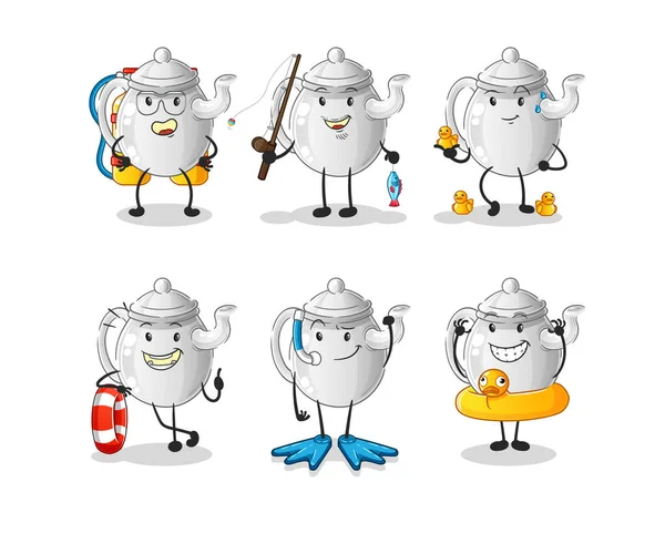 Teapot Water Activity Group Cartoon Mascot Vecto — Stok Vektör