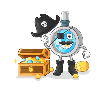 the magnifying glass pirate with treasure mascot. cartoon vecto