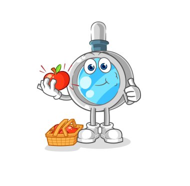 the magnifying glass eating an apple illustration. character vecto