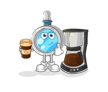 the magnifying glass drinking coffee illustration. character vecto
