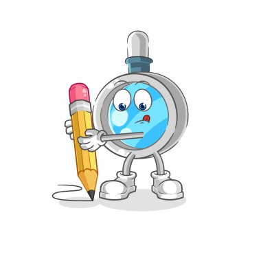 the magnifying glass write with pencil. cartoon mascot vecto