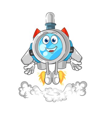 the magnifying glass with jetpack mascot. cartoon vecto