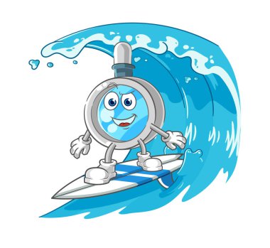 the magnifying glass surfing character. cartoon mascot vecto