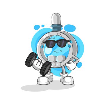 the magnifying glass lifting dumbbell vector. cartoon characte
