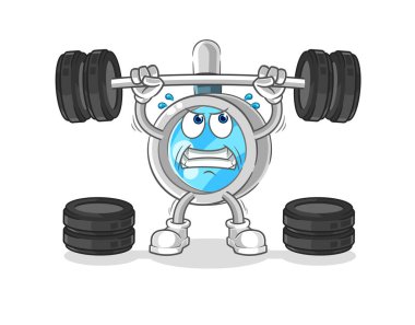 the magnifying glass lifting the barbell character. cartoon mascot vecto