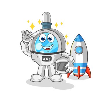 the magnifying glass astronaut waving character. cartoon mascot vecto