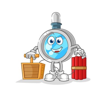 the magnifying glass holding dynamite detonator. cartoon mascot vecto