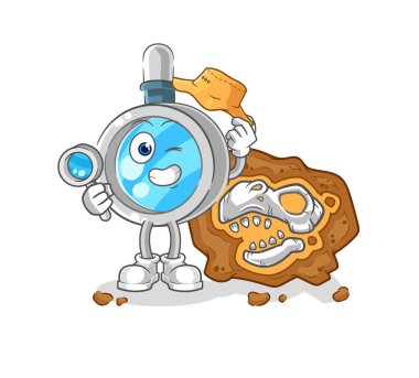 the magnifying glass archaeologists with fossils mascot. cartoon vecto