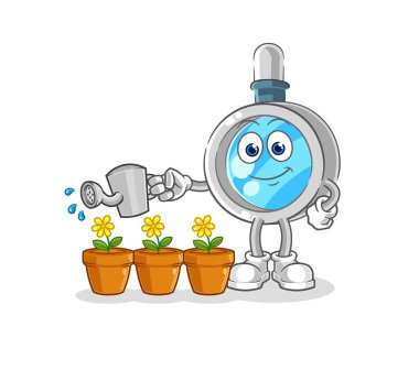 the magnifying glass watering the flowers mascot. cartoon vecto